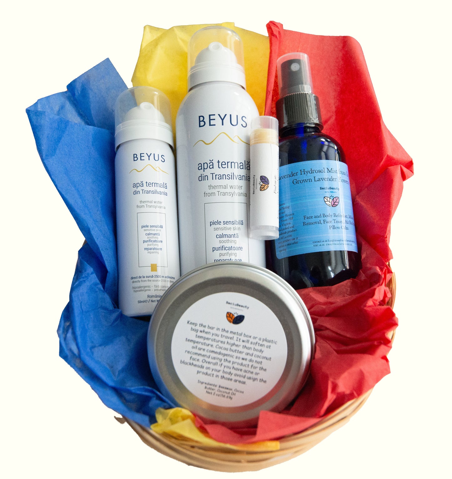 Basket Gift: Lavender Hydrosol, Transylvania Face Mist and Cocoa and Coconut Body Butter and Lip Balm